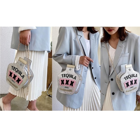 Crossbody Novelty Tequila Sparkly Silver Bag Purse Zip Close Crossbody - Picture 1 of 16